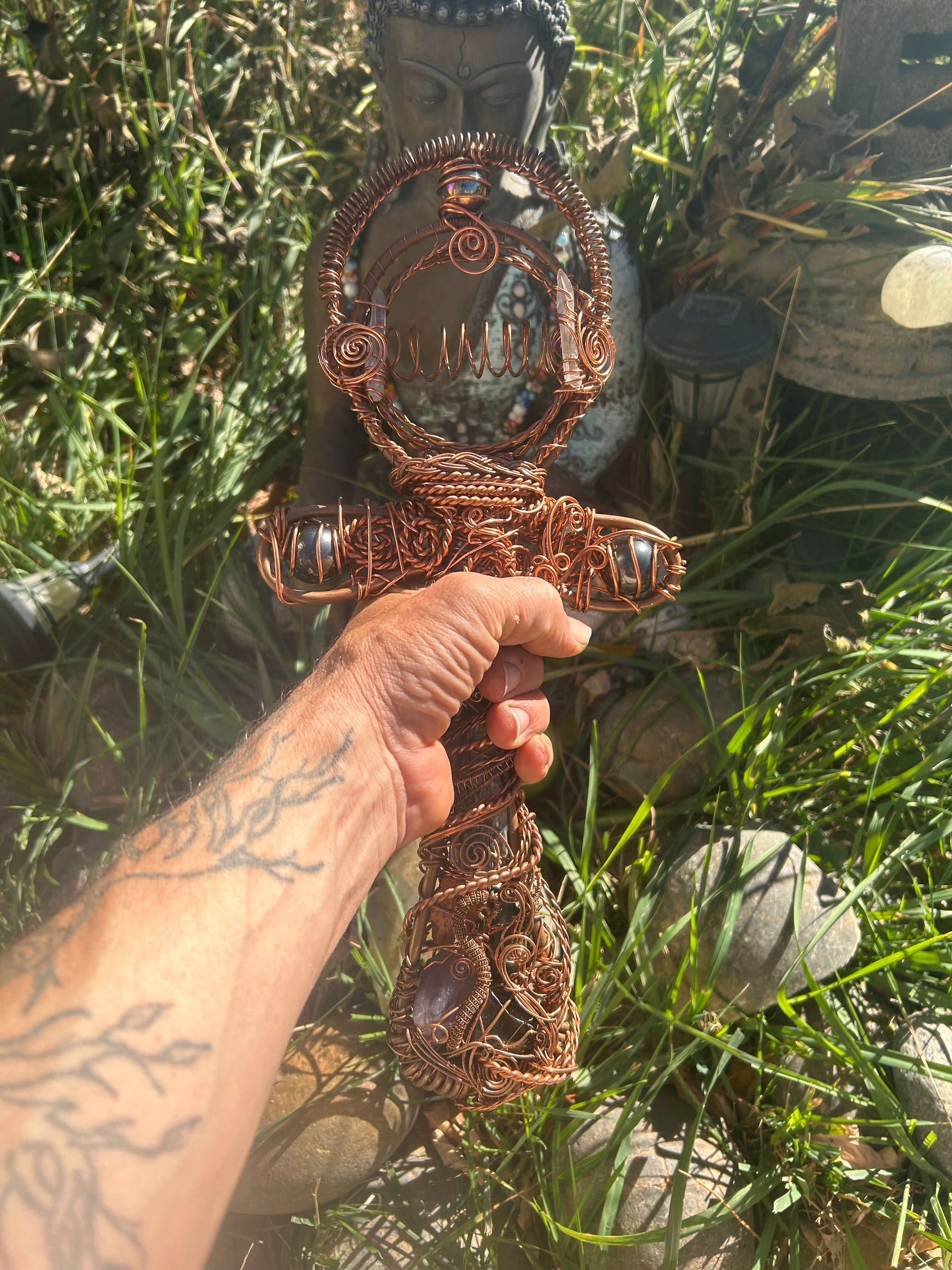 crystal and gem wand ankh sculpture