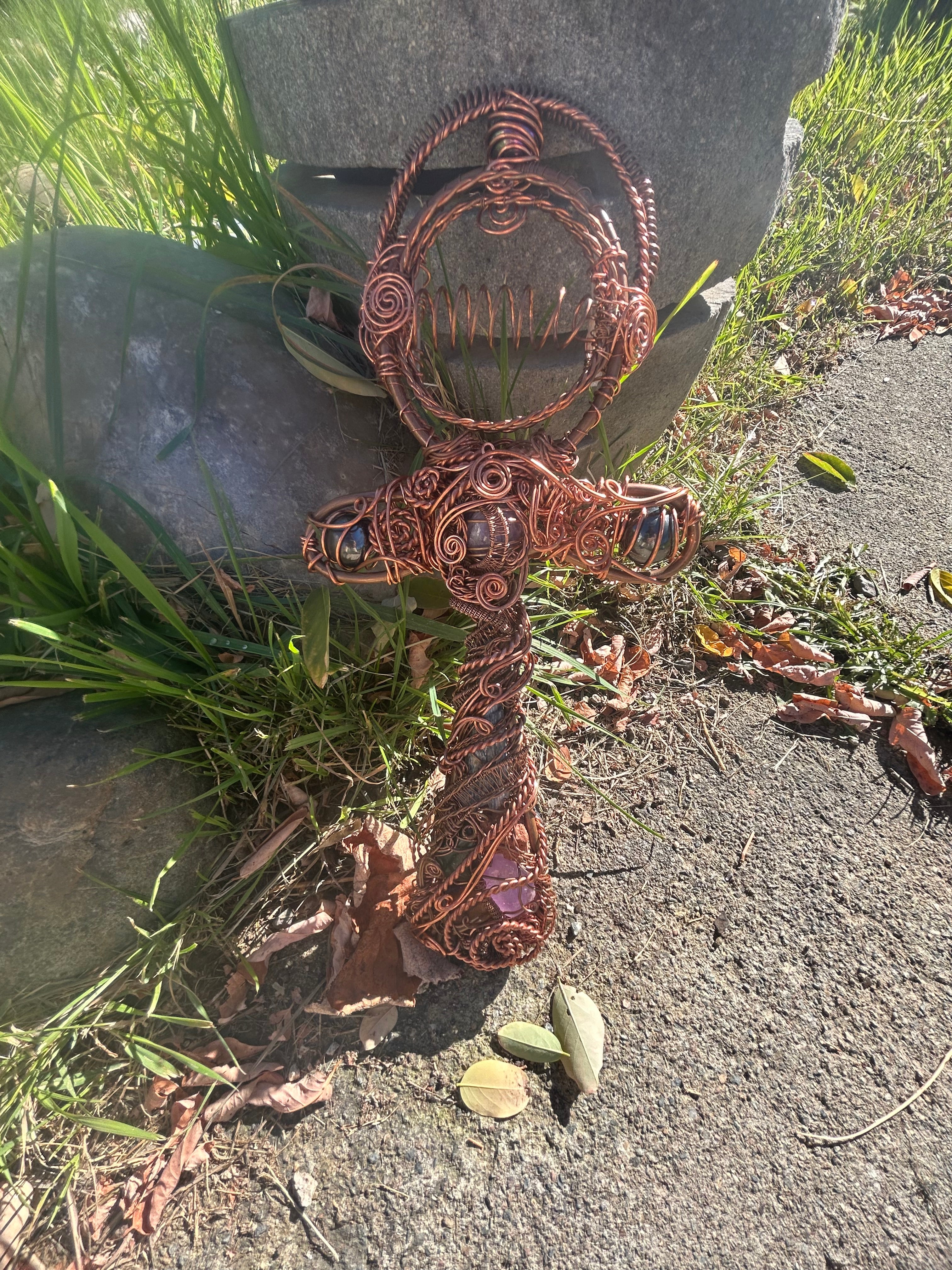 crystal and gem wand ankh sculpture