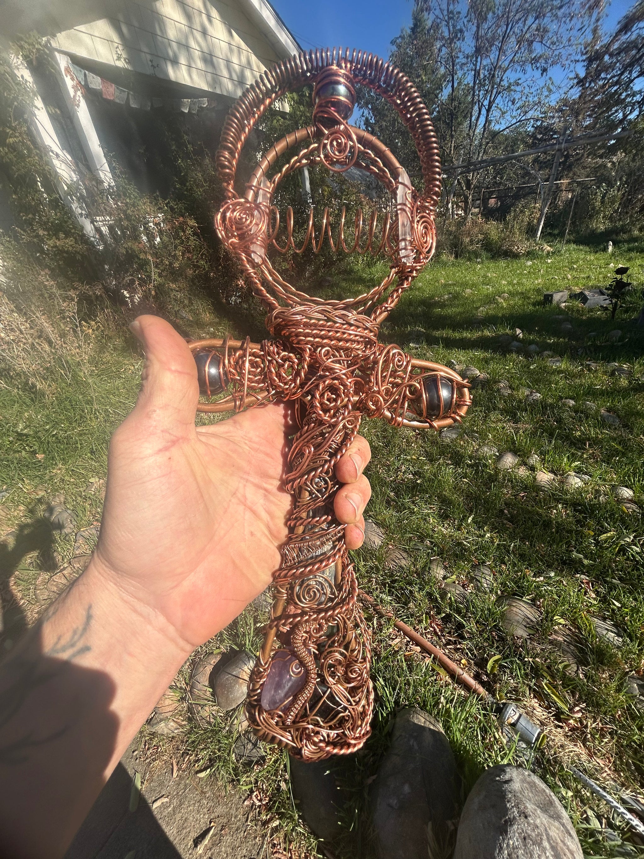 crystal and gem wand ankh sculpture