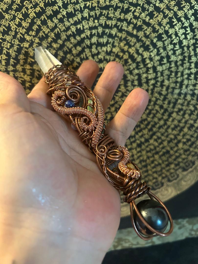 atlantian inspired gemstone healing wand copper and quartz energy tool